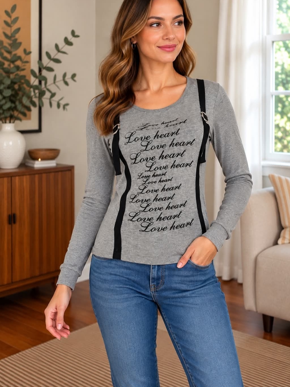 Gray Long Sleeve Script Tee with Black Strap Accents